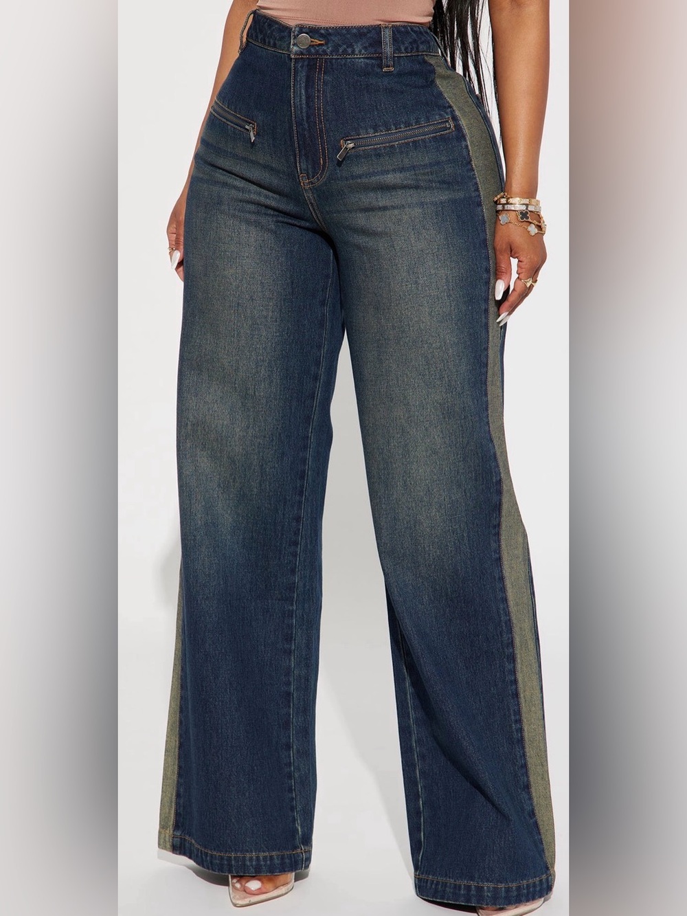 Fashion Nova Dark Indigo Wide-Leg Jeans with Olive Side Stripe